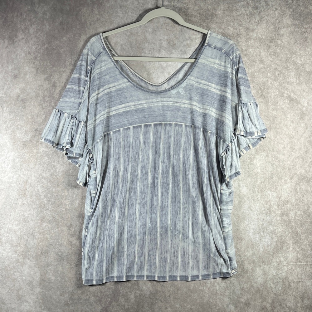 Lucky Brand Shirt Womens‎ Medium Blue Striped Ruffle Trim Scoop Neck Lightweight